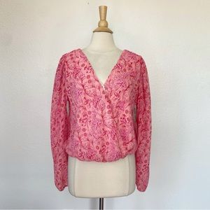 Pink Floral Long Sleeve V-Neck Blouse